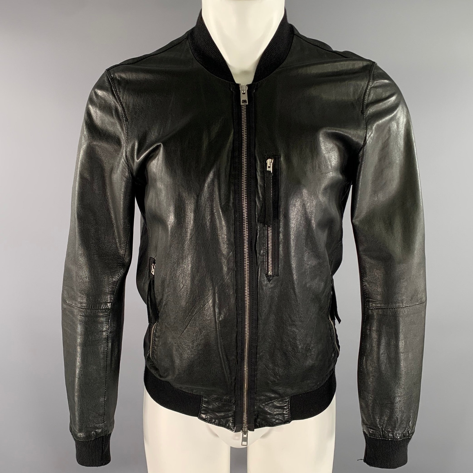 Allsaints Size S Black Leather Bomber Jacket